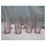 Eight Pink Etched Glass Goblets and Tumblers
