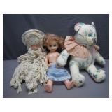 Trio of Unique Vintage Dolls and Bear Trio of Unique Vintage Dolls and Bear