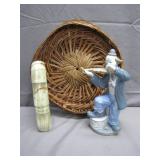 Porcelain Clown, Onyx Head, and Woven Basket Set Porcelain Clown, Onyx Head, and Woven Basket Set
