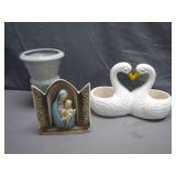 Ceramic Decorative Trio: Swans, Madonna, Vase Ceramic Decorative Trio: Swans, Madonna, Vase