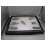 7 Stone Indian Arrow Heads in Display Case