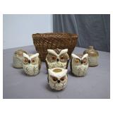 Charming Set of Ceramic Owls with Basket Charming Set of Ceramic Owls with Basket