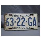 1962 Maryland License Plate with Original Charm