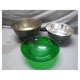 Two Silver Bowls and Green Glass Bowl