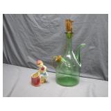 Vintage Green Glass Decanter With Figurine