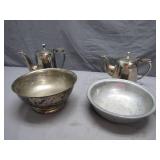 Four-Piece Metalware Tea and Bowl Set