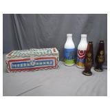 Painted Wooden Box with Bottles and Vases