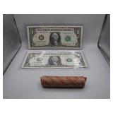 2 Consecutive $1.00 Bills & Wheat Pennies Roll