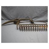 2 Antique Rake Heads & Pick Axe