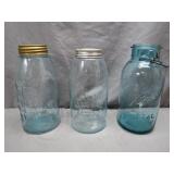 3 Blue Glass Mason Jars With Lids