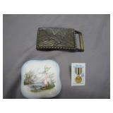 Eagle Buckle, Porcelain Box, Stamp Lot