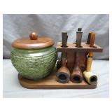 Tobacco Pipe Rack with Green Glass Humidor