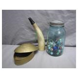 Unique Decor Lot: Marbles, Powder Flask, and...
