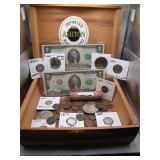 Cigar Box With Antique Coins and Currency