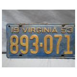 1953 Virginia License Plate, Blue and Yellow