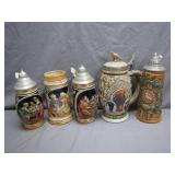 5 German Beer Steins with Pewter Lids