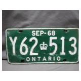1968 Ontario License Plate SEP-68