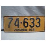 Virginia 1931 License Plate