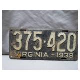 1939 Virginia License Plate With Rustic Charm