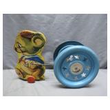 Tin Litho Bear Pull Toy With Star Wheels