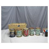 Six Vintage Oil Cans with Basket (Full)