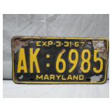Maryland 1967 License Plate AK-6985