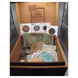 Vintage Box of Foreign Coins & Currency