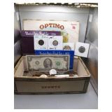 Cigar Box w/ Vintage US Coins & Currency, Some...