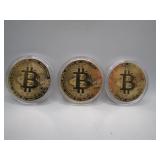 3 Gold-Toned Bitcoin Token Coins