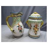 Colorful Ceramic Pitcher and Jar With Rope Handles