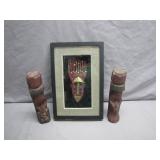 Framed Mask Art and Two Carved Figures