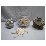 Decorative Owls, Starfish, Shell, and Glass Bowl