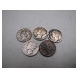 5 Mercury Silver Dimes (1941-1945)