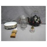 Eclectic Lot: Teapot, Lamp, Brush, Jar, Dish