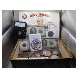 Cigar Box w/ Vntg. US Currency & Coins