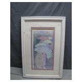Framed Pastel Artwork of Figures With Umbrellas