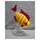 Blown Glass Fish Sculpture With Red Fins