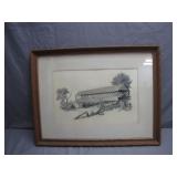Framed Black-and-White Covered Bridge Drawing