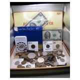 Cigar Box with US Coins, Currency, and Jewelry