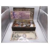 Small Box of Foreign Coins & Currency