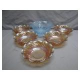 Six Iridescent Bowls and Blue Serving Bowl