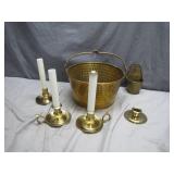 Brass Bucket with Candleholders Set