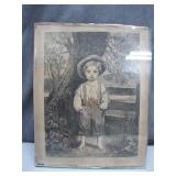 Etched Portrait of a Boy with Wooden Frame and...