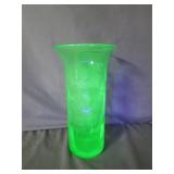 Uranium Glass Vase with Floral Etching