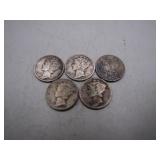 5 Mercury Silver Dimes (1941-1945-S)