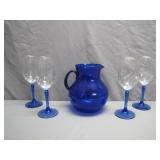 Blue Glass Pitcher With Matching Stemware