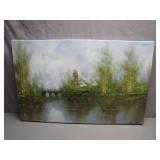 Oil Painting of Landscape with Bridge and Tower