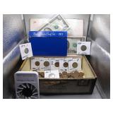 Cigar Box with Vintage US Coins & Currency