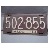 Massachusetts License Plate From 1951
