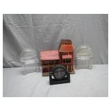 Wooden Building Model with Clock and Radios